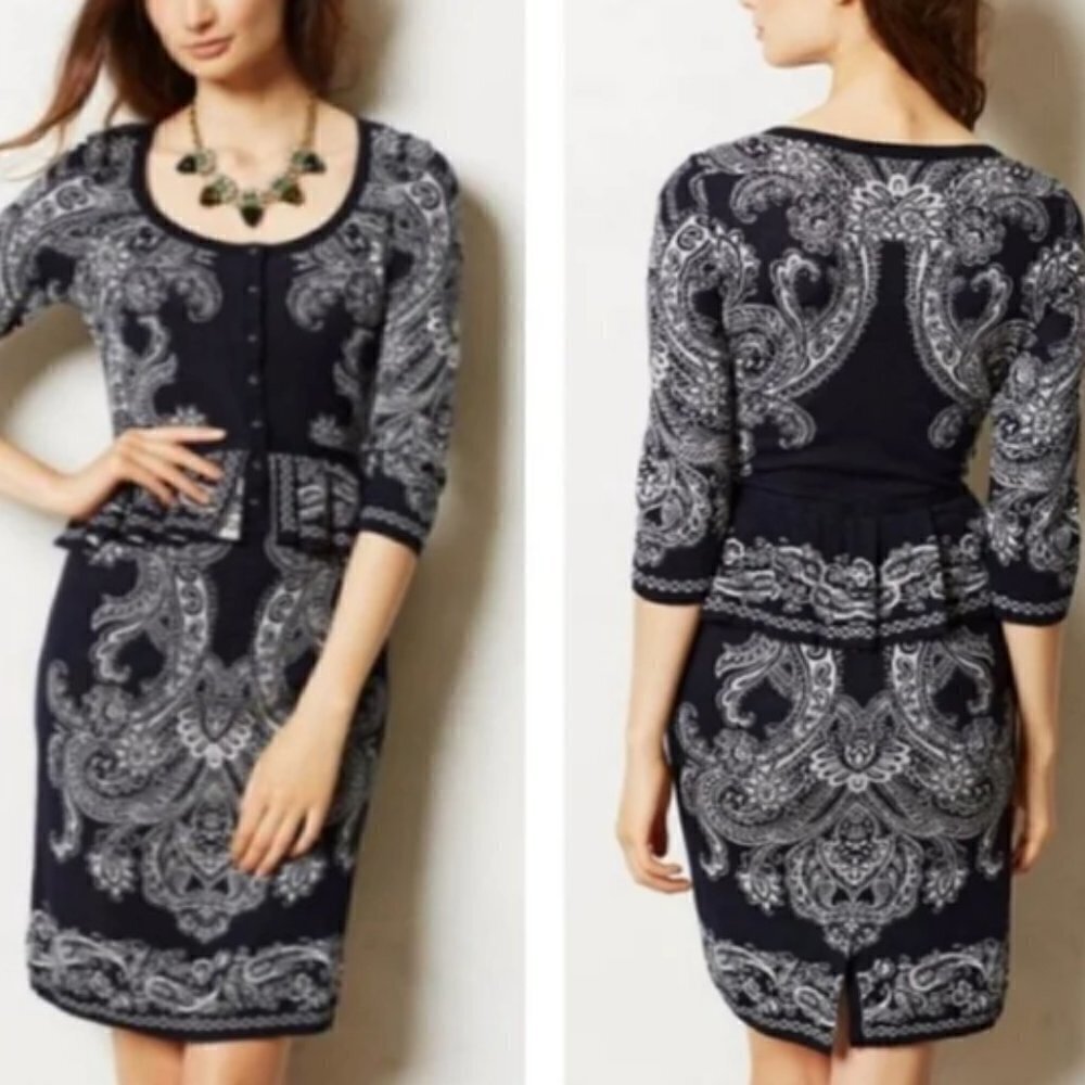 Knitted‎ & Knotted Paisley Peplum Knit Sweater Dress Sz XS Black White #23P